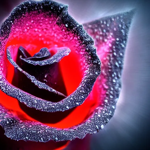 Image similar to award - winning macro of a beautiful black rose made of glowing molten magma