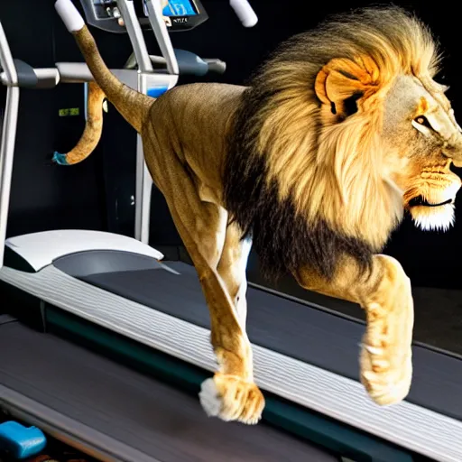 Prompt: a lion running on a treadmill