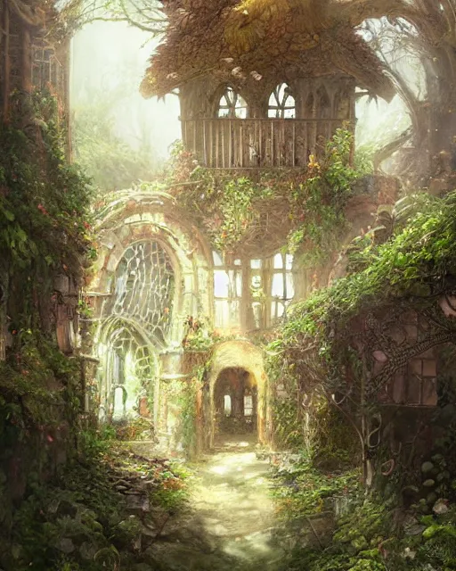 Image similar to detailed portrait of portly monk house as a mage, magical, bright spells, fantasy, ruins, overgrown plants, atmosphere, 8 k high definition, insanely detailed, intricate, by charlie bowater, johan grenier