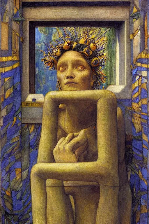 Prompt: the robot king in his bee crown and regalia stands by the window at dusk,by Annie Swynnerton and Diego Rivera and Elihu Vedder, symbolist, dramatic lighting, elaborate geometric ornament, Art Brut, soft blues and greens,smooth, sharp focus, extremely detailed, Adolf Wölfli and (Evelyn De Morgan)