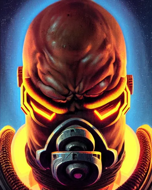 Image similar to doomfist from overwatch, character portrait, portrait, close up, concept art, intricate details, highly detailed, vintage sci - fi poster, retro future, vintage sci - fi art, in the style of chris foss, rodger dean, moebius, michael whelan, and gustave dore