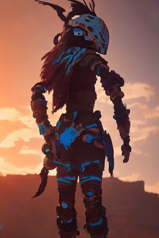 Image similar to combination suit armor aloy horizon forbidden west horizon zero dawn robot ninja mask helmet backpack tribal, aesthetic octane render, 8 k hd resolution, by ilya kuvshinov and cushart krentz and gilleard james radiating a glowing aura cgi rtx 2 0 2 2