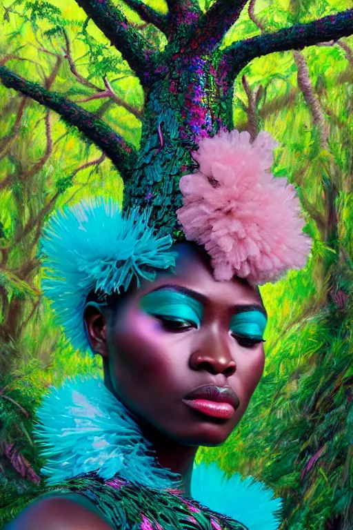 Image similar to hyperrealistic post - maximalist masterpiece super expressive! yoruba goddess with pink exoskeleton armor, merging with tree in a forest, highly detailed digital art cinematic, smooth cam de leon eric zener dramatic pearlescent soft teal light, ground angle hd 8 k, sharp focus