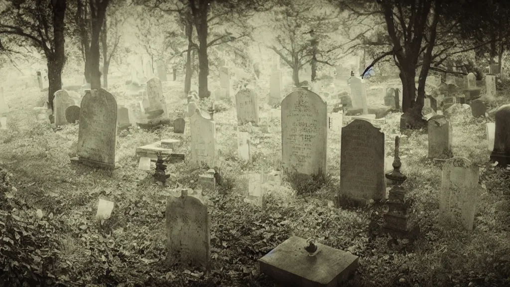 Prompt: double-exposure close up of a person in victorian dress, and a scene of a few tombstones in a forested cemetery from a Tim Burton and Wes Anderson movie, style of pinhole photography,