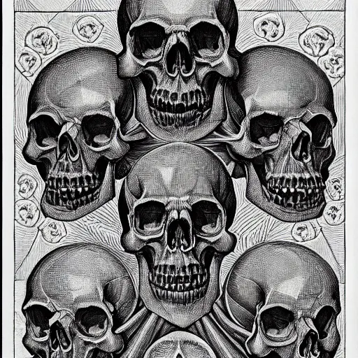 Image similar to skulls, hyperbolic tesselation by mc escher and jamnitzer and gustave dore