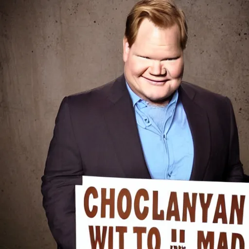 Image similar to Andy Richter is wearing a chocolate brown suit and necktie, holding a sign that reads Stop making these images of me of I WILL tell Conan!!