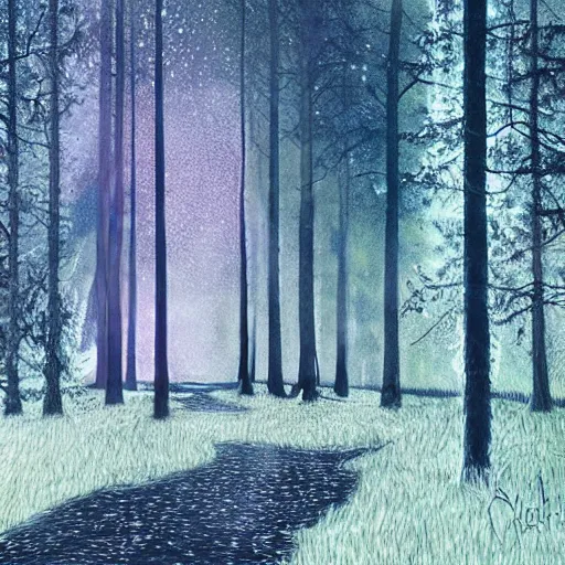 Image similar to bright nordic forest, sparkling spirits, detailed wide shot, crayon, ground detailed, wet eyes reflecting into eyes reflecting into infinity, beautiful lighting