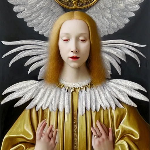 Image similar to highdetailed hyperrealistic painting of white angel!!! no gender smiling noface!!!, light instead of hands, white sparkles everywhere, 4 k hd face!!!, big silver high detailed wings!!!, renaissance, by jan van eyck, holography space, glow effect, large strokes, monochrome!!!!!