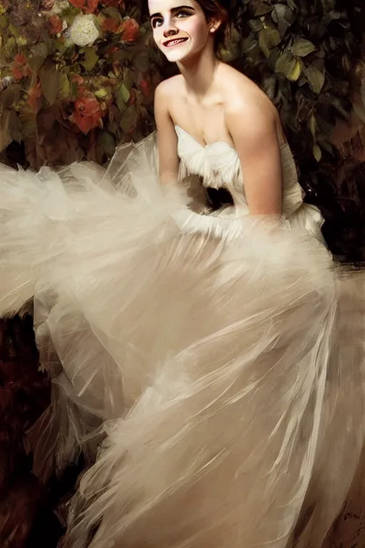 Prompt: emma watson smiling silk gown gaston bussiere craig mullins j. c. leyendecker richard avedon peter lindbergh