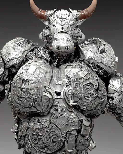 Image similar to a full body shot of an imposing cyborg bull modeled after a bull looking into the camera, contrast lighting, black skin!!!, intricate pattern, hard rubber chest, highly detailed, android, cyborg, full body shot, intricate, 3 d, symmetrical, octane render, fantasy, highly detailed, digital art, artstation, strong bokeh, black face