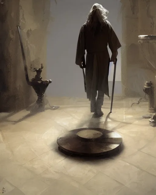 Image similar to gandalf moping a floor, greg rutkowski, esuthio, craig mullins, cinematic lighting, gloomy