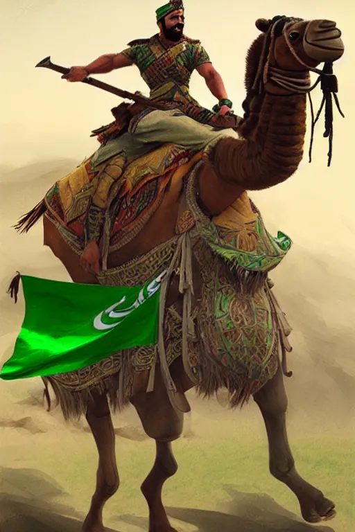 Image similar to arabian warrior, ride camel he use green turf and flag, realistic, sketch and art by jacqueline e, color by bo feng lin