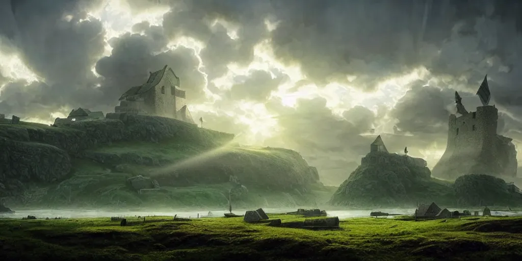 Image similar to beautiful viking city made from wood, green fields, sea, magic, gorgeous clouds, white marble, god rays, digital art, landscape, fantasy art, octane render, ureal engine, high detail, very realistic, by greg rutkowski. by james gurney