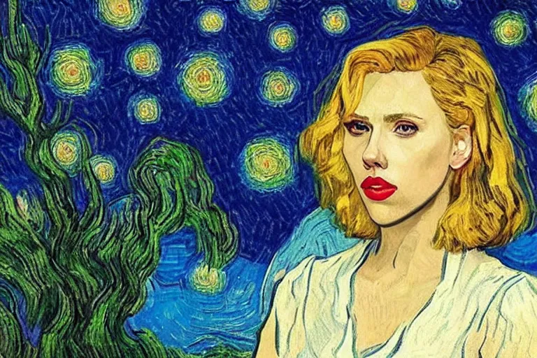 Image similar to beautiful portrait of scarlett johansson painted by van gogh : : starry night