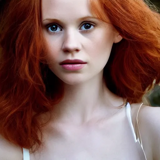 Prompt: hyper realistic, full perfect face, realistic, highly detailed background, photography beautiful girl, face tamzin merchant, red hair, style of academisme, lodovico carracci