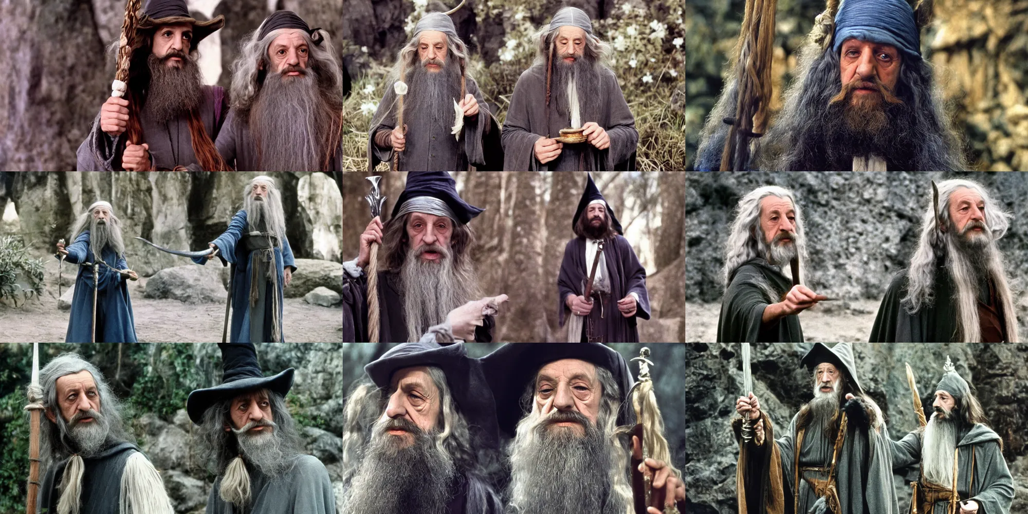 Prompt: A full color still of young Ringo Starr dressed as Gandalf, directed by Stanley Kubrick, 35mm, 1970