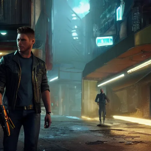 Image similar to a detailed sci fi concept art of an extremely handsome jensen ackles as the terminator walking down a dark alley in cyberpunk 2 0 7 7, holding two sawed off shotguns, volumetric lighting, octane render, 8 k, art by greg rutkowski and albert bierstadt and alphones mucha