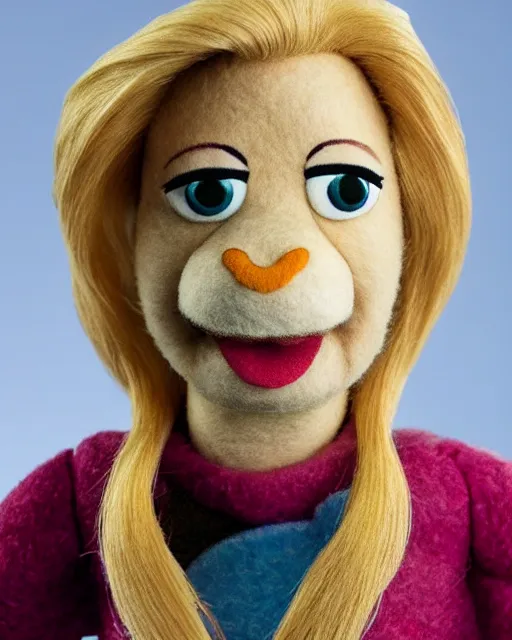 Image similar to skyler white as a muppet. highly detailed felt. hyper real photo. 4 k.