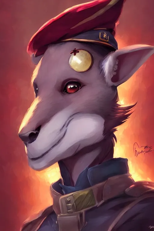 Image similar to beautiful portrait commission of a male furry anthro!!! fruit bat wearing military clothes and a maroon beret. Active Warzone with guns and explosions Atmospheric. Character design by charlie bowater, ross tran, artgerm, and makoto shinkai, detailed, inked, western comic book art