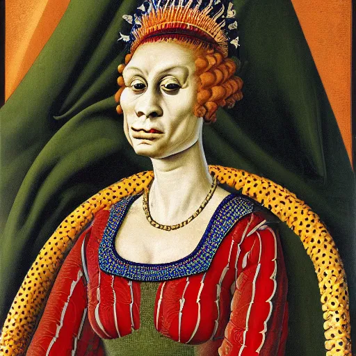 Prompt: portrait of an anthropomorphic tyrannosaurus rex, dressed as an italian queen, sandro bottecelli, 1 5 0 0