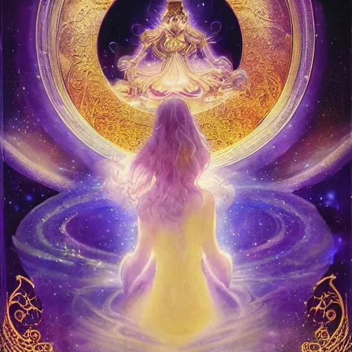 Prompt: queen of the stars goddess, gentle, dreamy purples and golds and orange, flowing stars and planets, arcane, highly detailed, intricate, beautiful, face radiates light, the moon around her, sitting upon a throne, cinematic lighting, cinematic, ultra detailed, hyperrealism, art nouveau, alan lee, celestial symbols, dynamic pose, dramatic lighting, concept art, hdri, 4k -