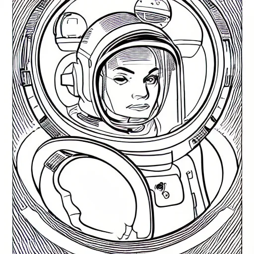 Image similar to clean simple line art of a woman wearing a space suit. no background. well composed, clean coloring book page, beautiful detailed face. coloring book line art by mike mignola