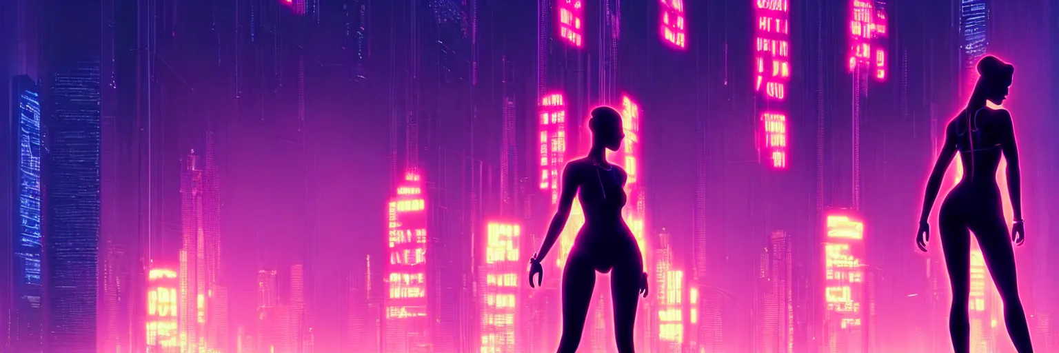 Image similar to backlit silhouette of a female humanoid in a cyberpunk cityscape, half body cropping, elegant glamor pose, accurate anatomy, cyber led neon lighting, bokeh, rule of thirds, hyper photorealistic, crispy quality, digital photography, art by pascal blanche, art by artgerm, art by greg rutkowski,