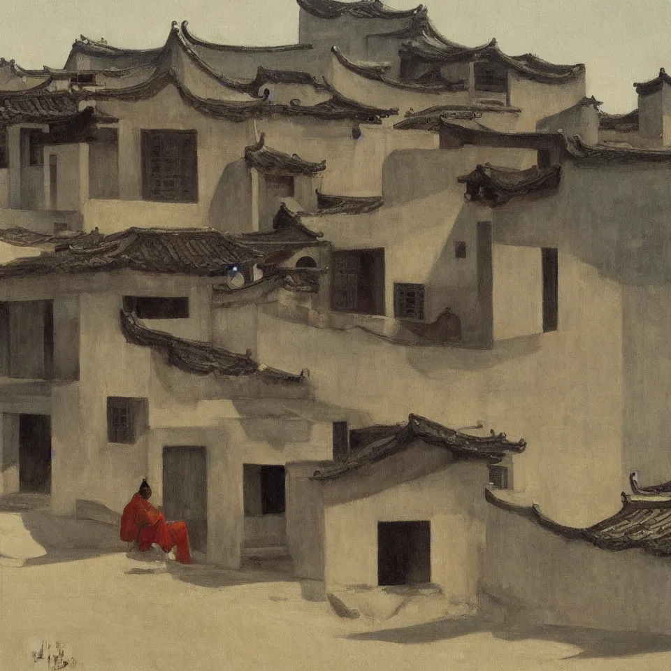 Prompt: a painting of hongcun ancient village houses by edward hopper