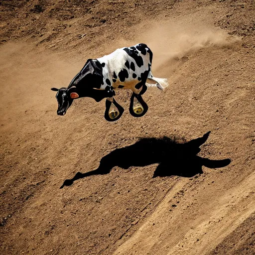 Image similar to a cow, on a motocross jump