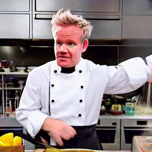 Image similar to hyper real Gordon Ramsey cooking a unicorn in kitchen 4k