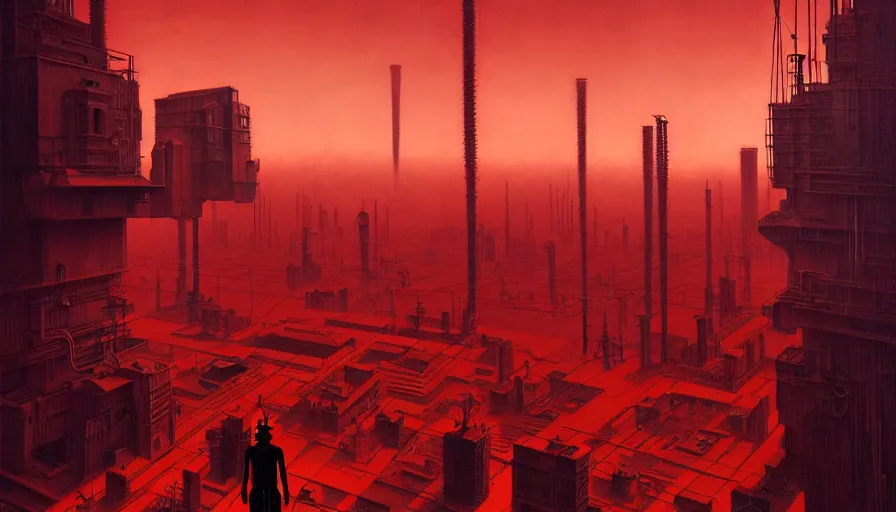 Image similar to a giant weird industrial zone with strange lights in the background, in the style of beksinski, by edward hopper and rodcenko and yue minjun and cory loftis, intricate and epic composition, red by caravaggio, highly detailed, masterpiece, artstation, art nouveau