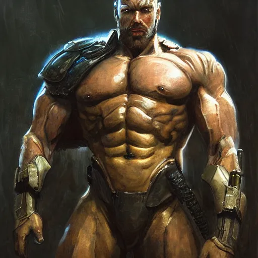 Image similar to handsome portrait of a spartan guy bodybuilder posing, radiant light, caustics, war hero, metal gear solid, ghost in the shell, by gaston bussiere, bayard wu, greg rutkowski, giger, maxim verehin