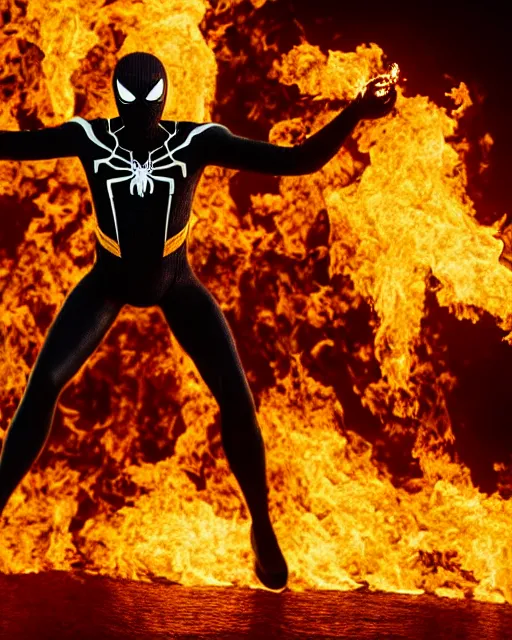 Prompt: photograph of a black and gold suit spider - man stood infront of a blazing inferno, dslr, cinematic, volumetric lighting, 8 k resolution, photorealistic