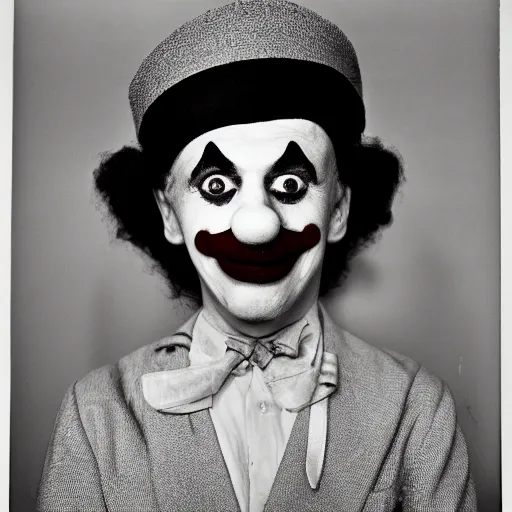 Image similar to portrait of a clown by diane arbus, black and white photography