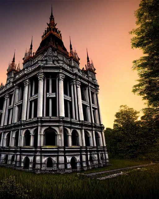 Image similar to a beautiful ultradetailed render of palace building urbex unfinished building by owen d. pomery, crystal nature sunset, archdaily, wallpaper, highly detailed, trending on artstation.