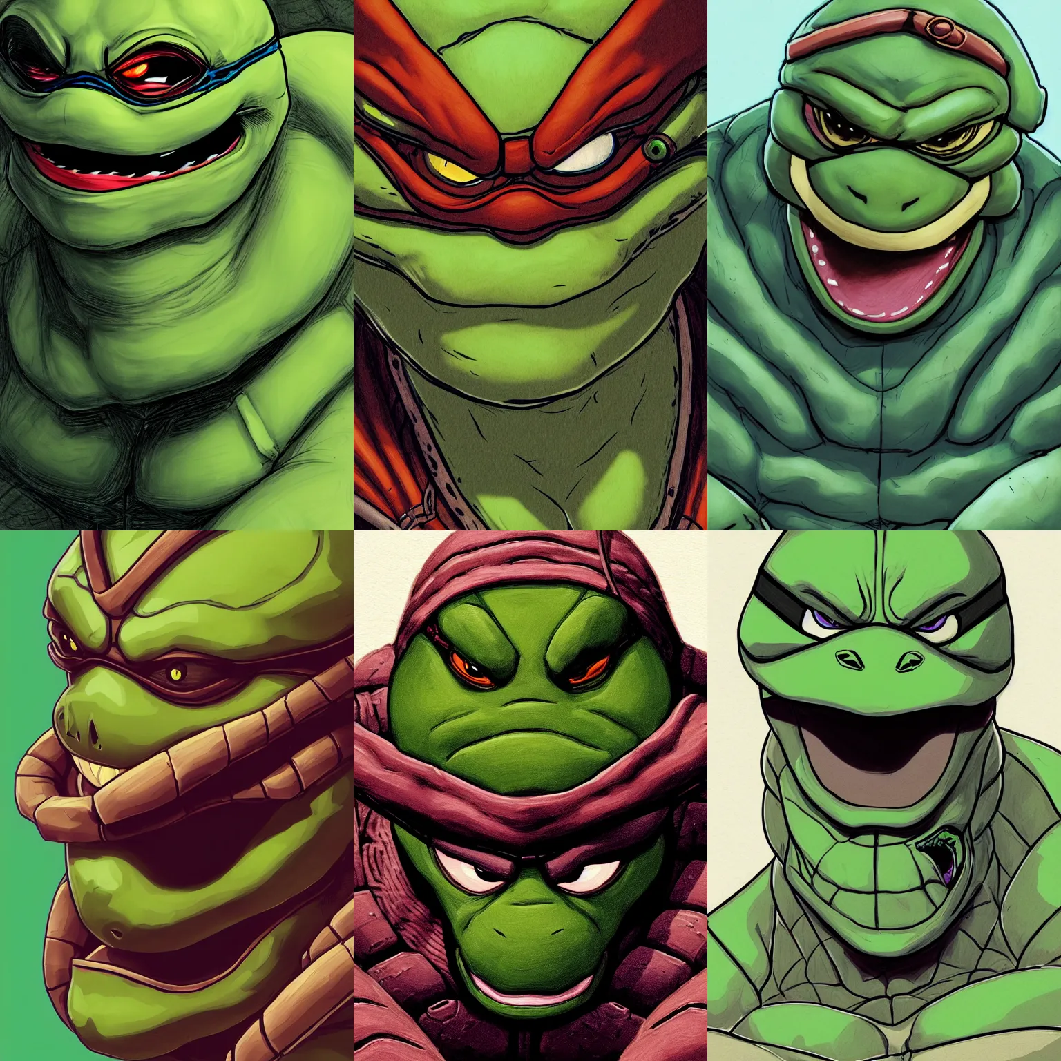 Prompt: a study of cell shaded portrait very close up face of ninja turtle as concept art, llustration, post grunge, concept art by A.C. Farley and wlop, by james jean, Victo ngai, David Rubín, Mike Mignola, Laurie Greasley, highly detailed, sharp focus, alien, Trending on Artstation, HQ, deviantart, art by artgem