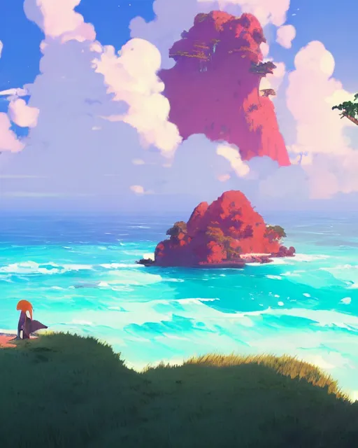 Image similar to an archipelago with strange rock formations, lush vegetation, turquoise water, cory loftis, james gilleard, atey ghailan, makoto shinkai, goro fujita, studio ghibli, rim light, exquisite lighting, clear focus, very coherent, plain background, soft painting