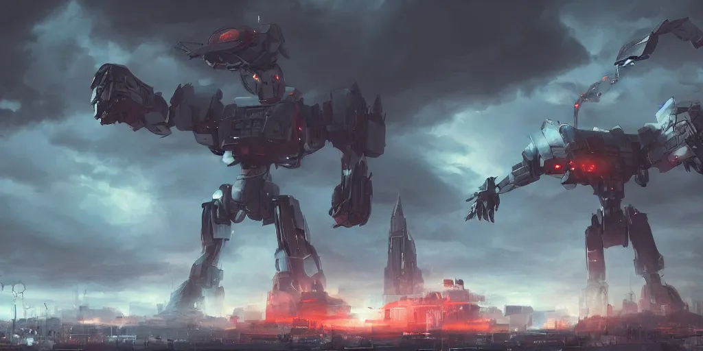 Image similar to a giant robot attacks a science - fiction city, ominous sky, federico pelat, evening, artstation