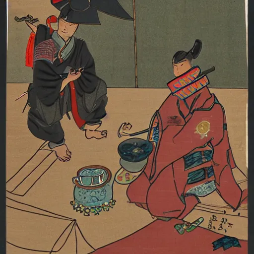 Prompt: a samurai at a tea party