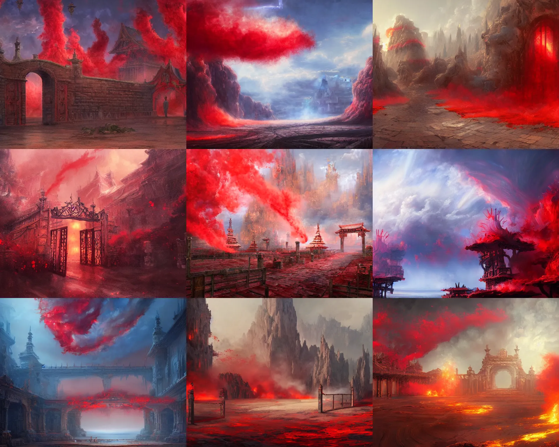 Prompt: a painting of a gate surrounded by red smoke, a detailed matte painting by li shida, pixiv contest winner, fantasy art, matte painting, matte drawing, hellish background