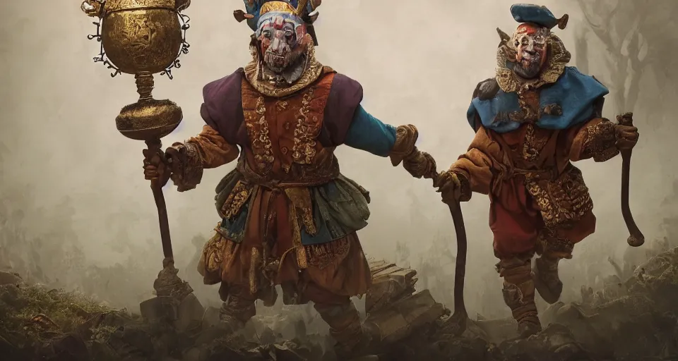 Prompt: robert de niro as medieval jester, crazy colorful clothing with a heavy golden mace in his left hand and a beer jug in his right hand, full body shot and detailled face, symmetrical face, intricate details, wandering through a forbidden forest, trending on artstation, 8k hyperrealistic, style of peter mohrbacher, octane render, unreal engine