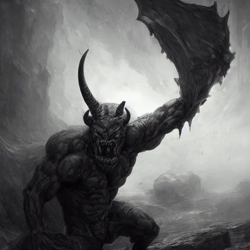 Image similar to full body, grayscale, Gustave Dore, greg rutkowski, muscled humanoid balrog demon, horns, claws, large horned tail, heroic pose, swirling flames
