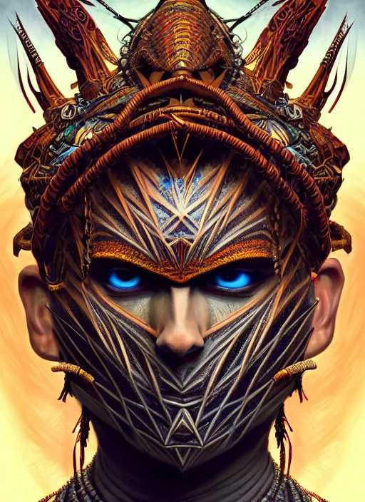 Prompt: hyper detailed ultra sharp earth tribal gothic warrior trance man portrait, trending on artstation, warpaint tattoo aesthetic, earthwave, colorful, psychedelic, ornate, intricate, digital painting, concept art, smooth, sharp focus, illustration, art by artgerm, edmund leighton, greg rutkowski, h. r. giger, 8 k