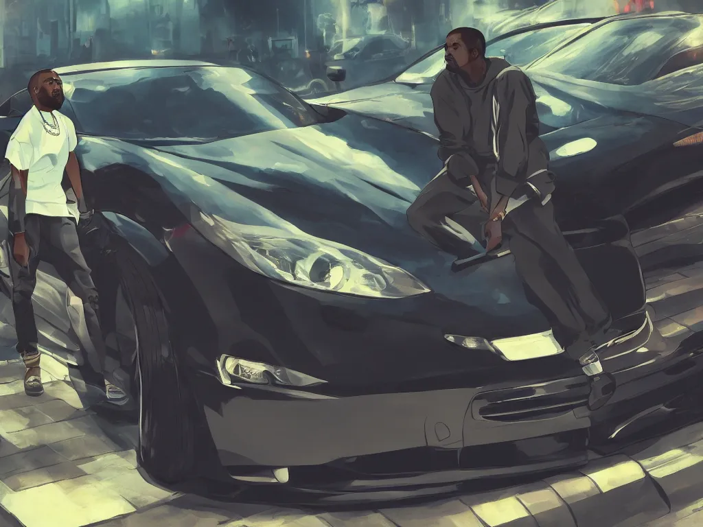 Image similar to Kanye West with a JDM car in makoto shinkai style, pixiv, 4k, wallpaper, high quality