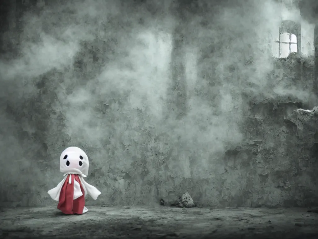 Prompt: cute fumo plush girl ghost lingering in a mysterious concrete wartorn brutalist ruin infected by floating spores of red parasitic fungus, technicolor horrorscape, chibi gothic maiden in tattered rags, dramatic three point lighting, glowing wisps of hazy green smoke and eerie volumetric fog swirling about, vray