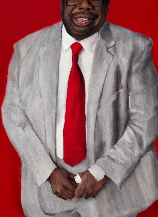 Prompt: ( ( ( portrait of leslie david baker as stanley hudson of the office television series ) ) ) a painting by igor kazarin, head to waist, light coming from the right side, red background,