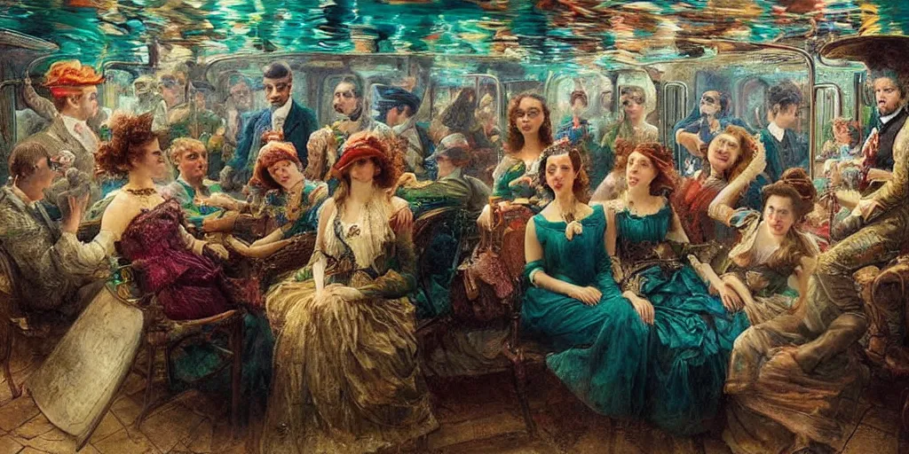 Image similar to detailed colour masterpiece of photography group portrait of people sat down extreme closeup, in the inside of the beautiful underwater crowded train to atlantis, detailed realistic expressions, wearing unusual clothes, by william powell frith