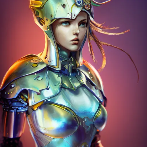 Image similar to studio portrait of lawful good colorful female holy mecha paladin absurdly beautiful, elegant, young sensual graceful woman, ultrafine hyperrealistic detailed face illustration by kim jung gi, irakli nadar, intricate linework, sharp focus, bright colors, matte, octopath traveler, final fantasy, unreal engine highly rendered, global illumination, radiant light, intricate environment