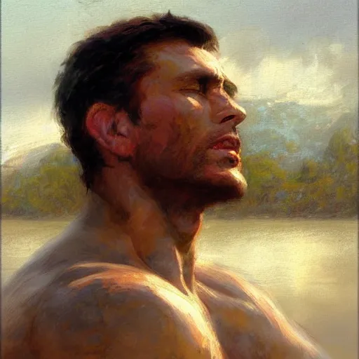 Image similar to man by the river, muscular, detailed face, correct face, painting by Gaston Bussiere, Craig Mullins