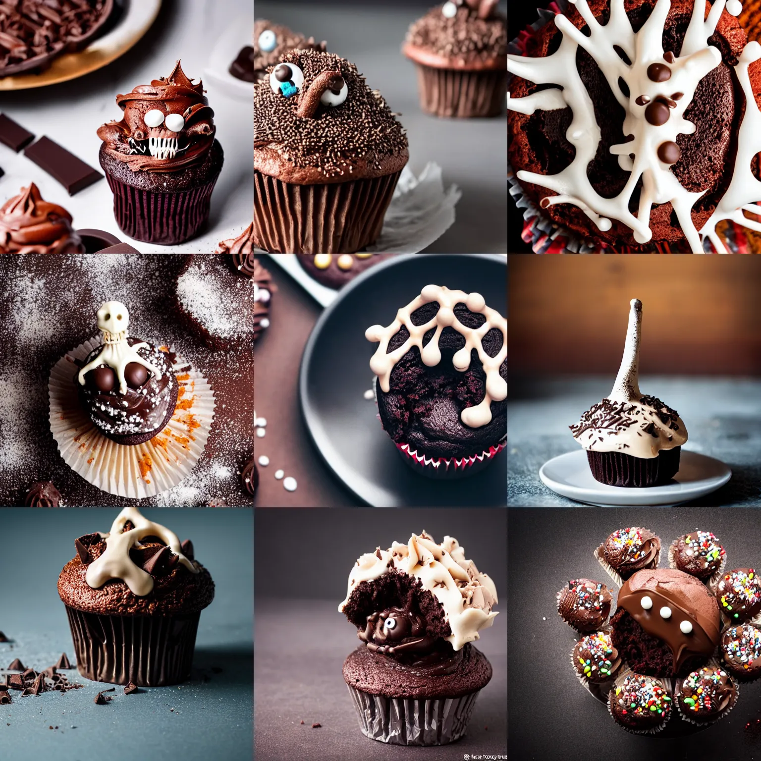 Image similar to a bone creature emerging from an exploding chocolate cupcake, professional food photography